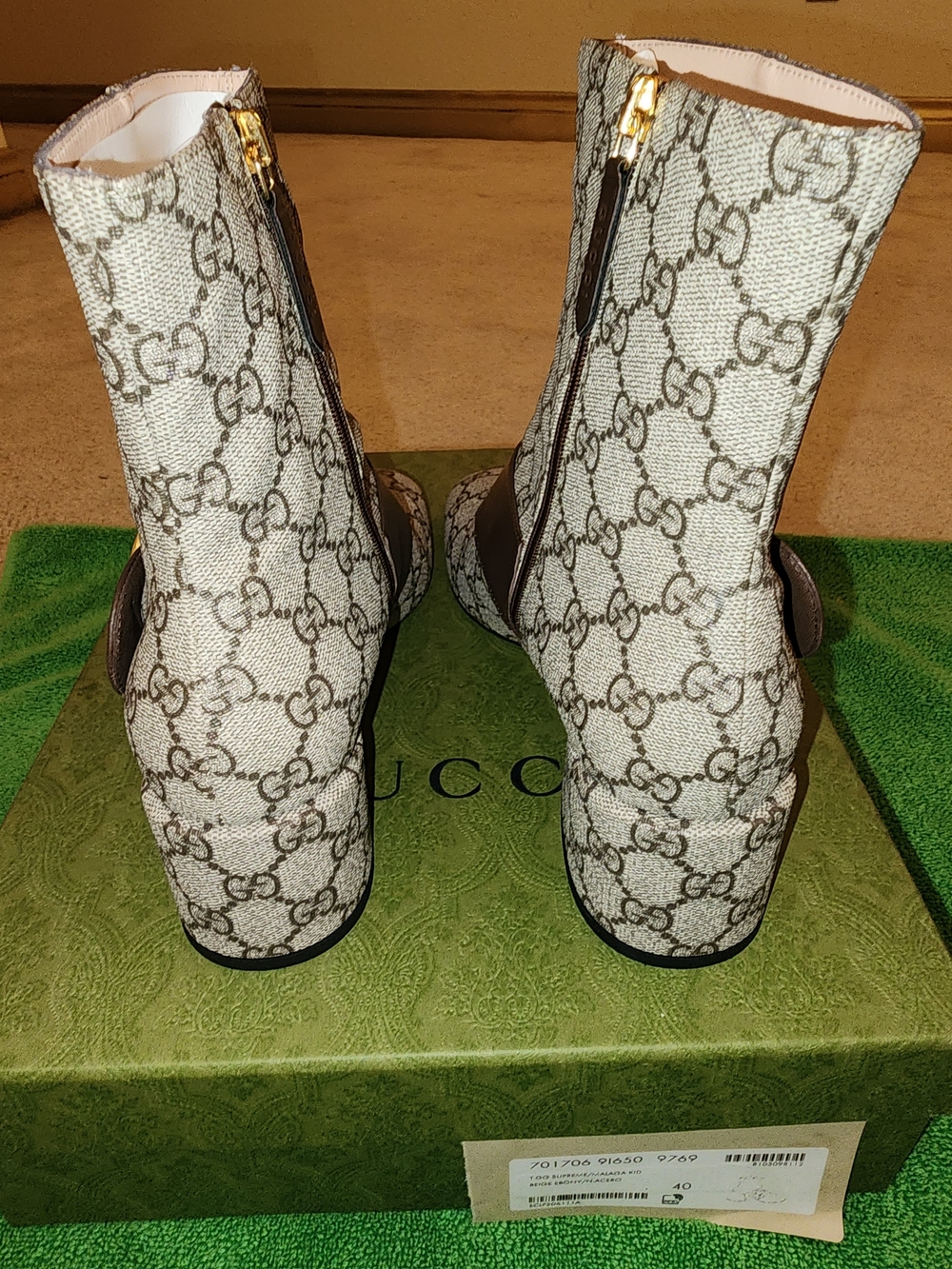 Gucci Beige Brown GG Canvas Mid Heel Ankle Boots with Gold Logo - Picture 9 of 13